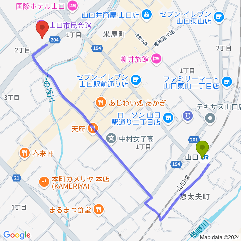 山口市民会館の最寄駅山口駅からの徒歩ルート（約13分）地図