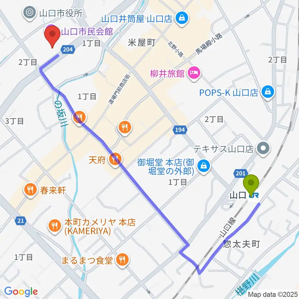 山口市民会館の最寄駅山口駅からの徒歩ルート（約13分）地図