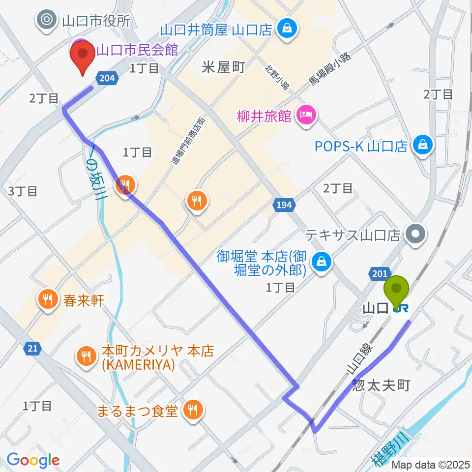 山口市民会館の最寄駅山口駅からの徒歩ルート（約13分）地図