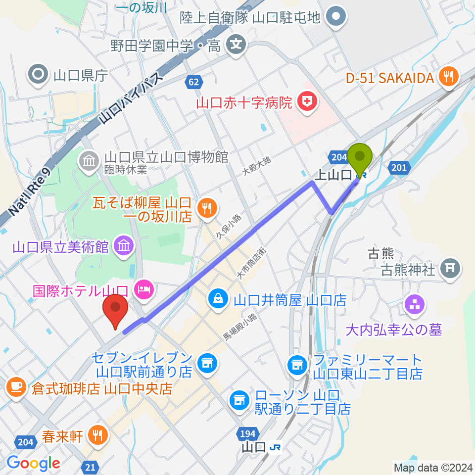 上山口駅から山口市民会館へのルートマップ地図