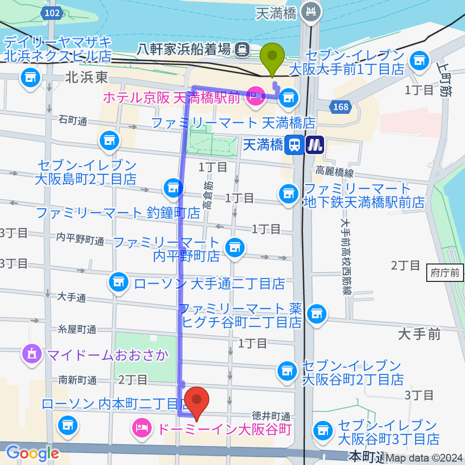 天満橋駅から山本能楽堂へのルートマップ地図