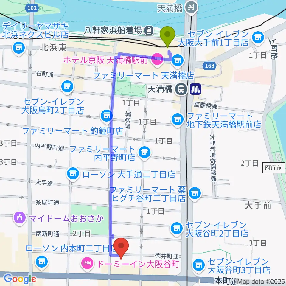 天満橋駅から山本能楽堂へのルートマップ地図