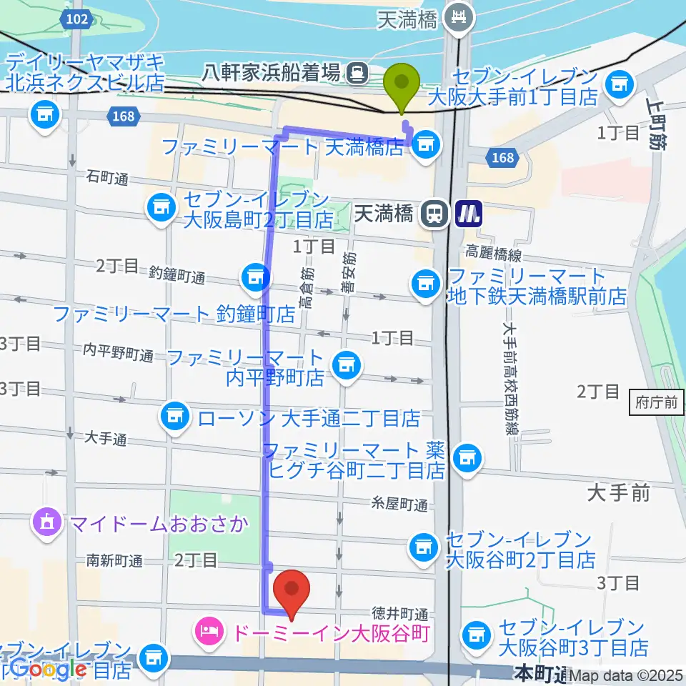 天満橋駅から山本能楽堂へのルートマップ地図