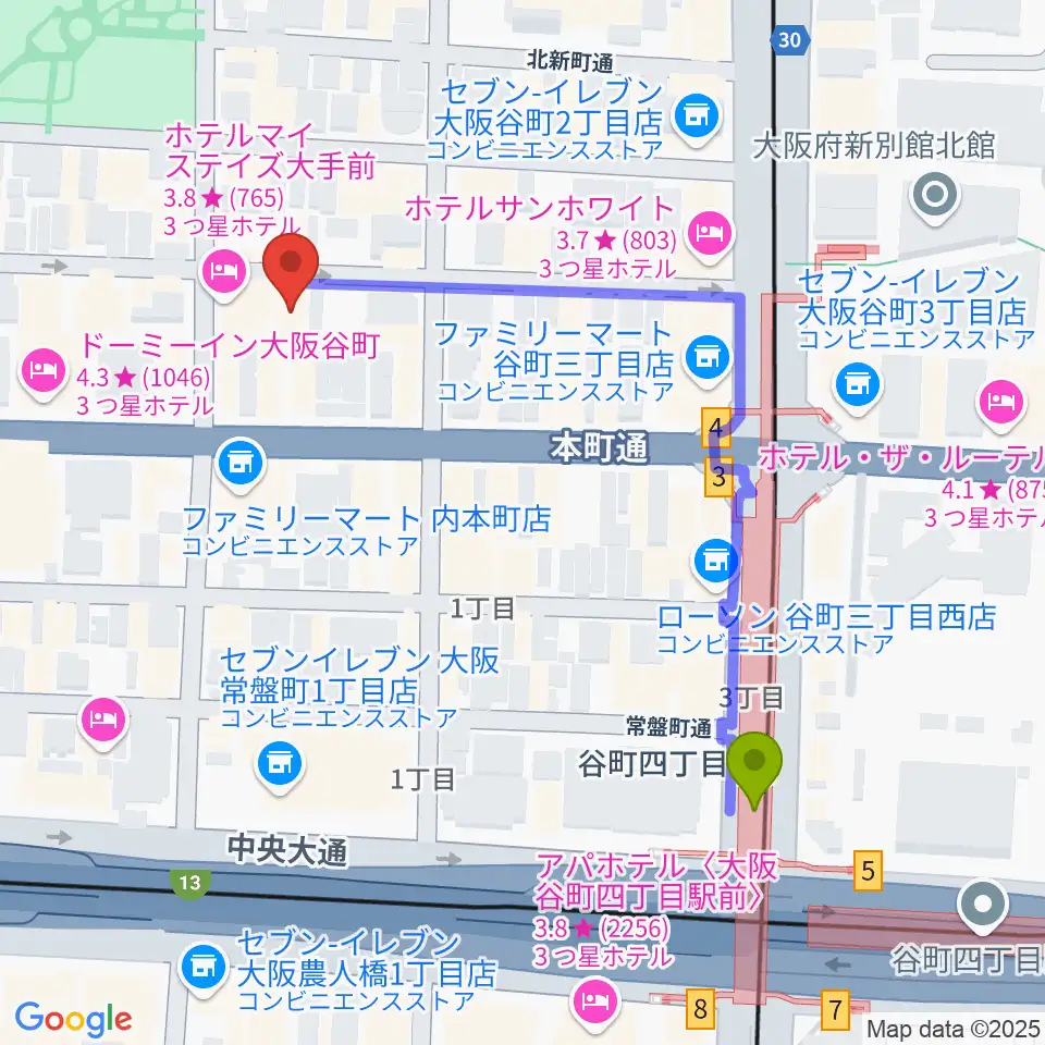 山本能楽堂の最寄駅谷町四丁目駅からの徒歩ルート（約5分）地図