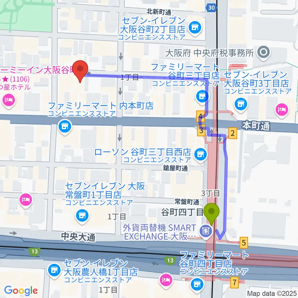 山本能楽堂の最寄駅谷町四丁目駅からの徒歩ルート（約5分）地図