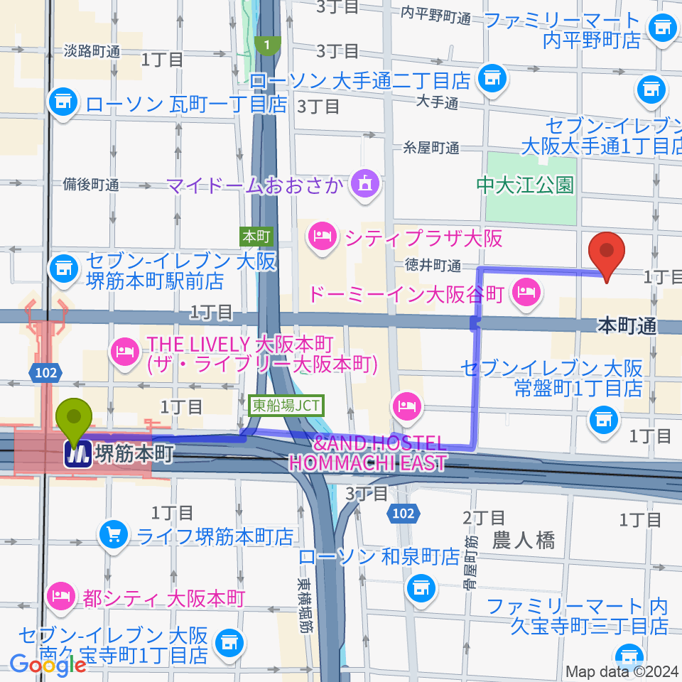 堺筋本町駅から山本能楽堂へのルートマップ地図