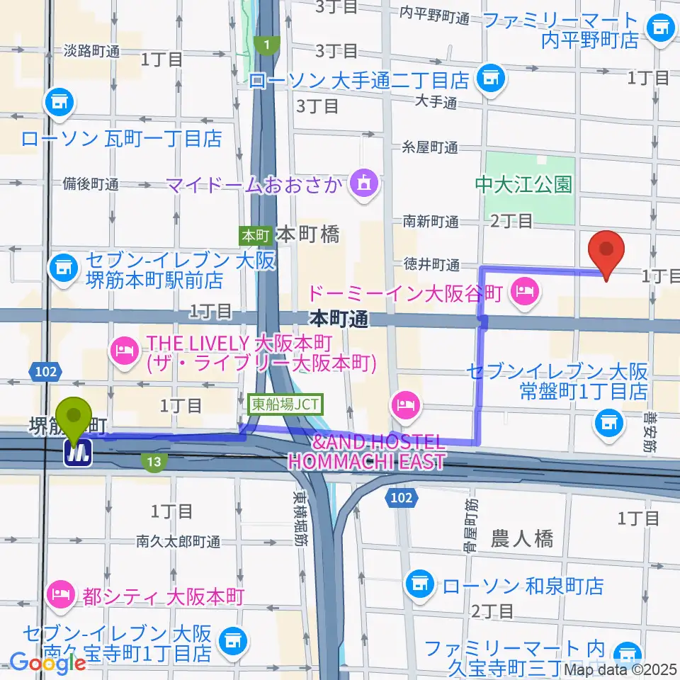 堺筋本町駅から山本能楽堂へのルートマップ地図