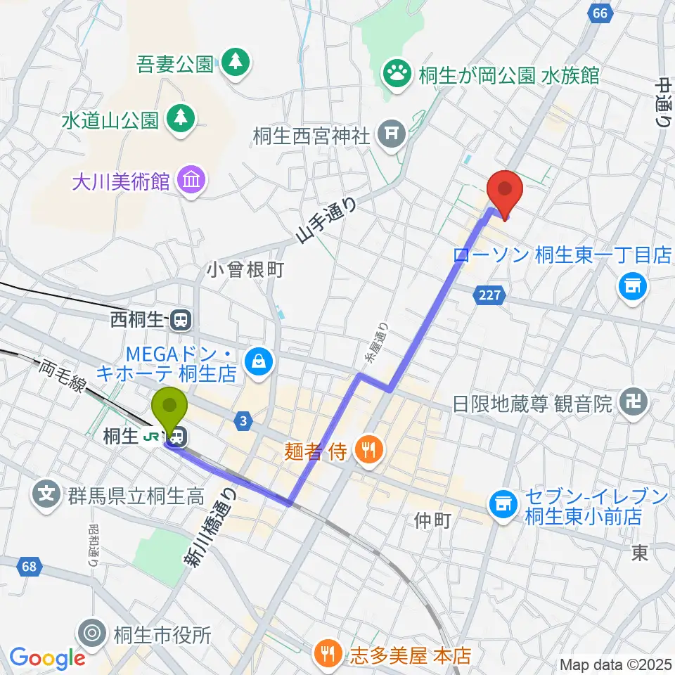 桐生駅から有鄰館へのルートマップ地図