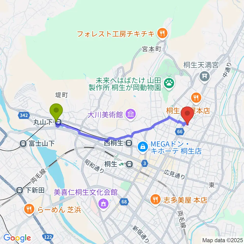 丸山下駅から有鄰館へのルートマップ地図