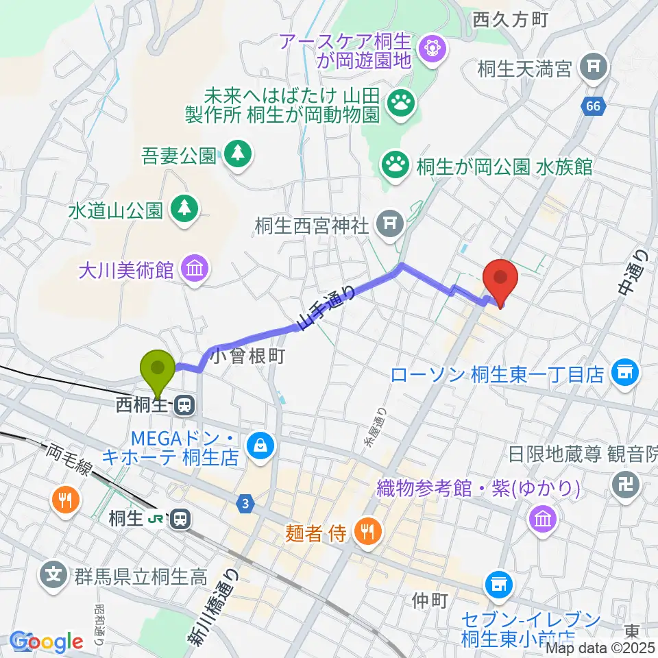 有鄰館の最寄駅西桐生駅からの徒歩ルート（約17分）地図