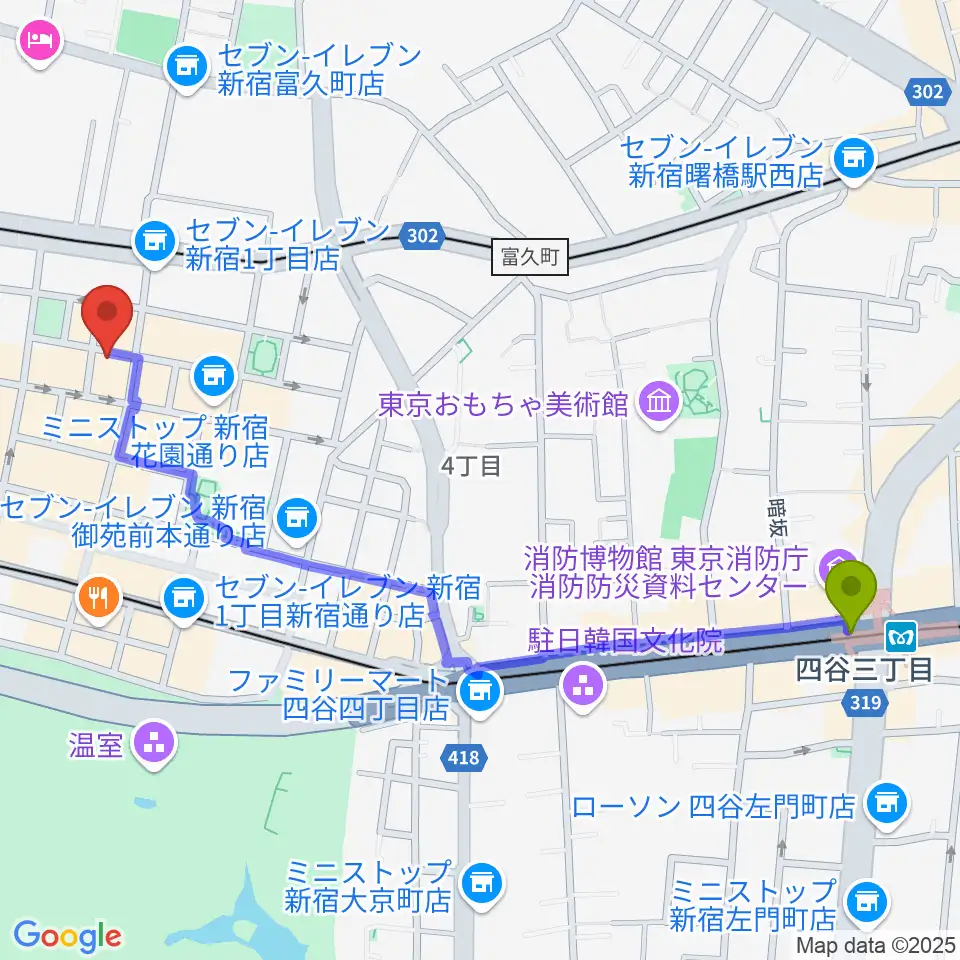 四谷三丁目駅からMERRY-GO-ROUNDへのルートマップ地図