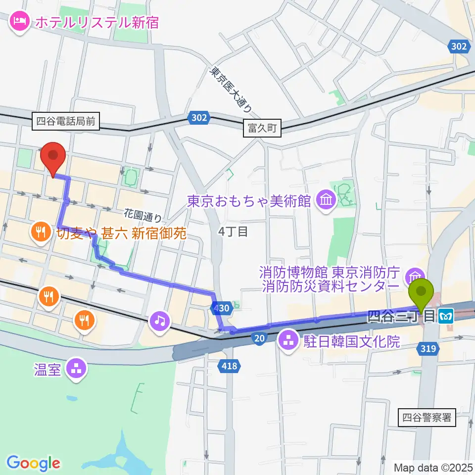 四谷三丁目駅からMERRY-GO-ROUNDへのルートマップ地図
