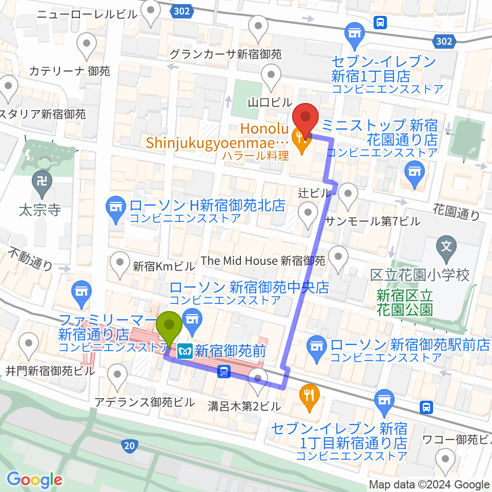 MERRY-GO-ROUNDの最寄駅新宿御苑前駅からの徒歩ルート（約4分）地図