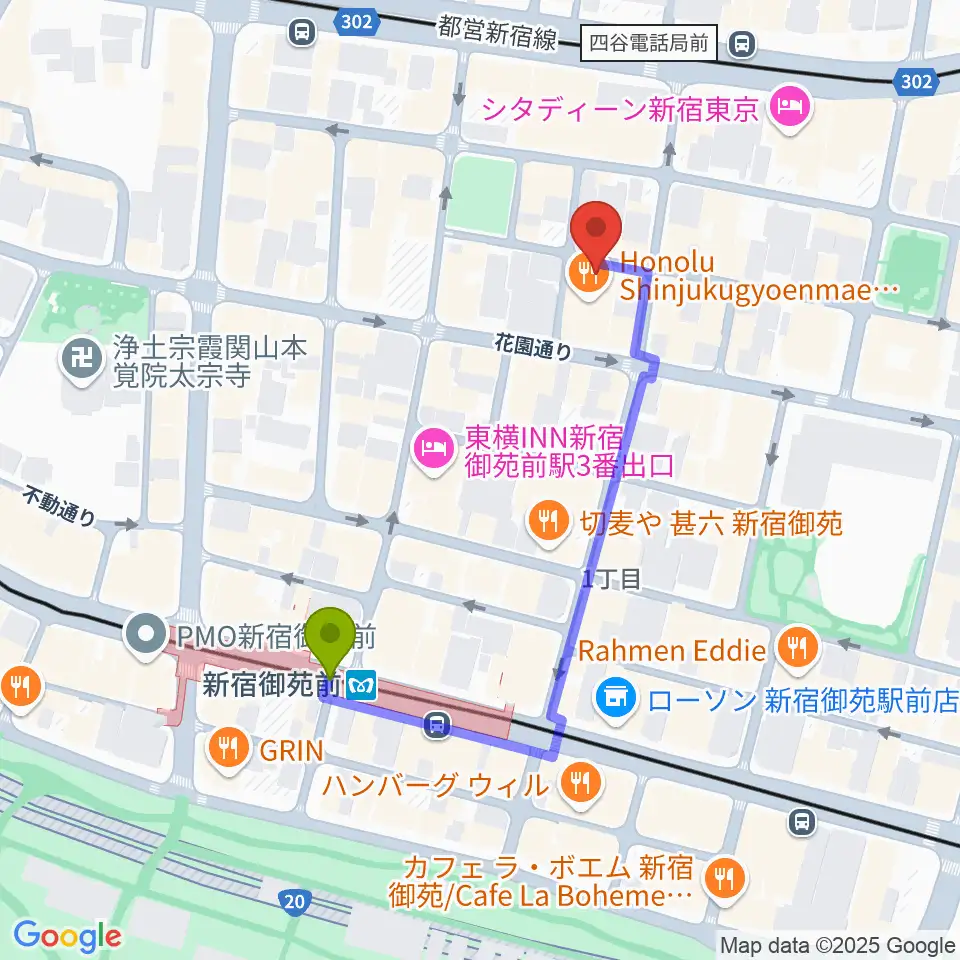 MERRY-GO-ROUNDの最寄駅新宿御苑前駅からの徒歩ルート（約4分）地図