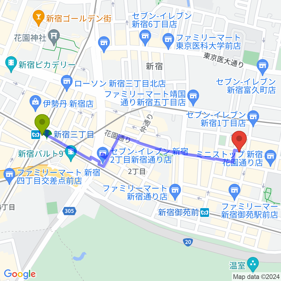 新宿三丁目駅からMERRY-GO-ROUNDへのルートマップ地図