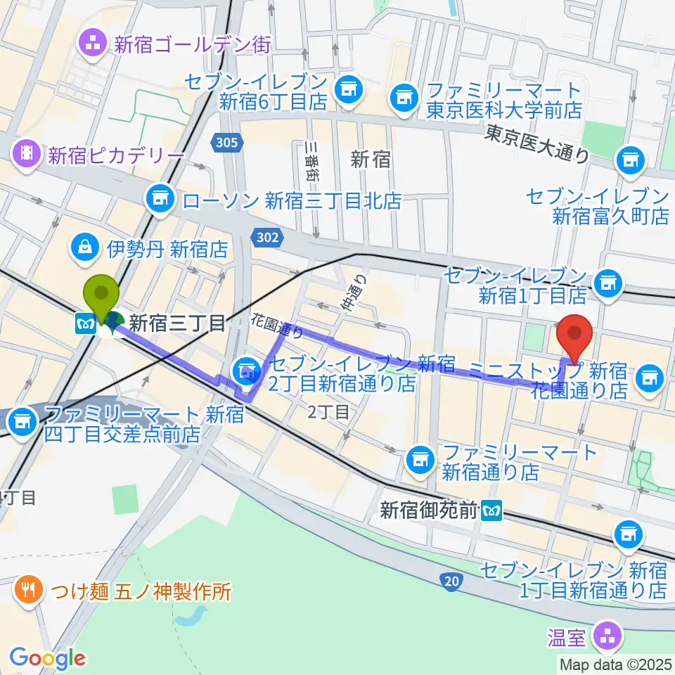 新宿三丁目駅からMERRY-GO-ROUNDへのルートマップ地図