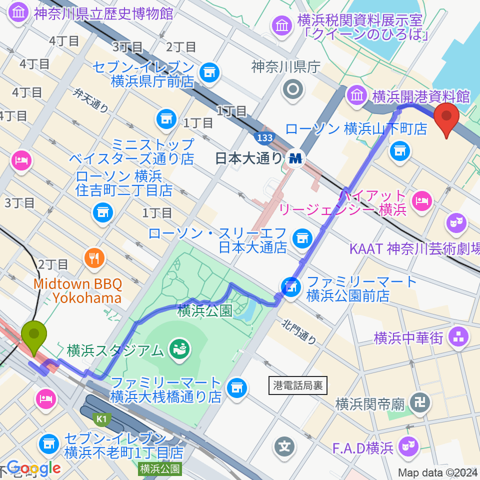 関内駅から横浜産貿ホール マリネリアへのルートマップ地図