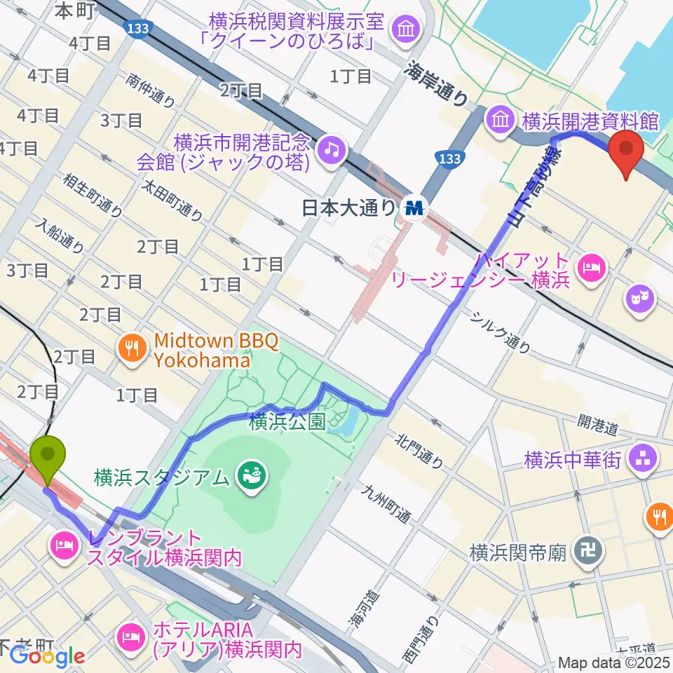関内駅から横浜産貿ホール マリネリアへのルートマップ地図