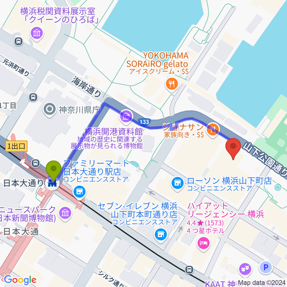 横浜産貿ホール マリネリアの最寄駅日本大通り駅からの徒歩ルート（約5分）地図