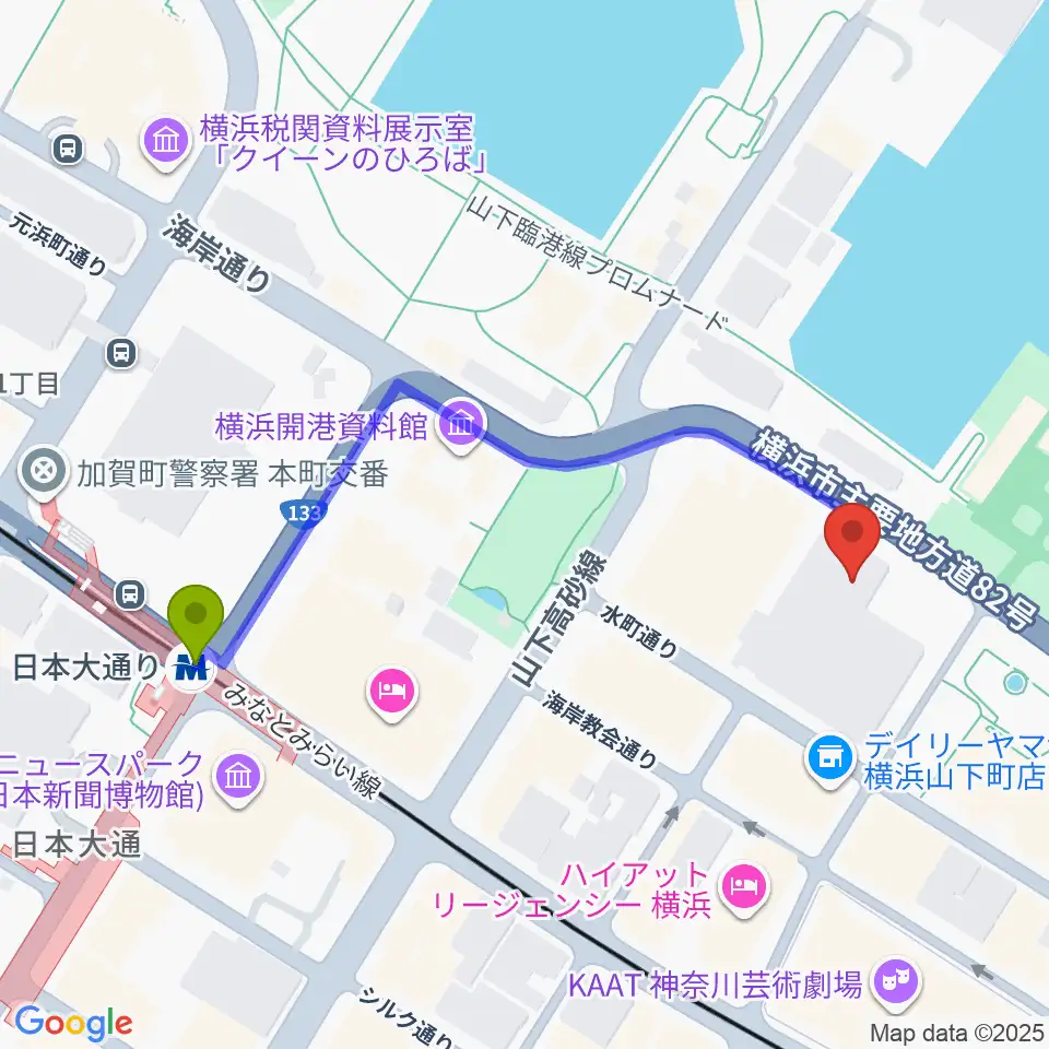 横浜産貿ホール マリネリアの最寄駅日本大通り駅からの徒歩ルート（約5分）地図