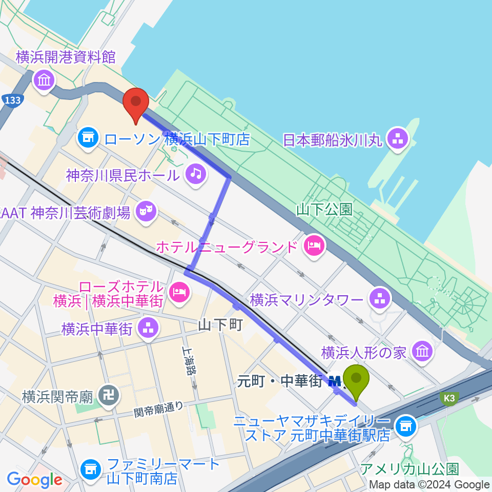 元町・中華街駅から横浜産貿ホール マリネリアへのルートマップ地図