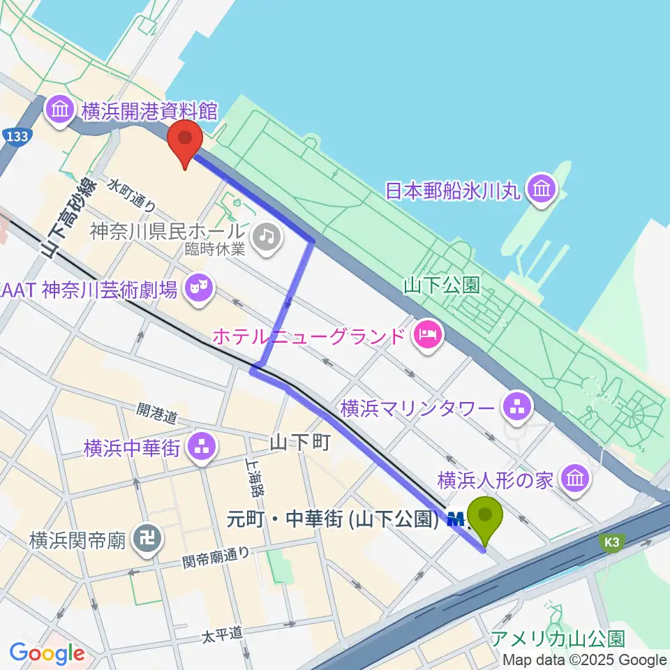 元町・中華街駅から横浜産貿ホール マリネリアへのルートマップ地図