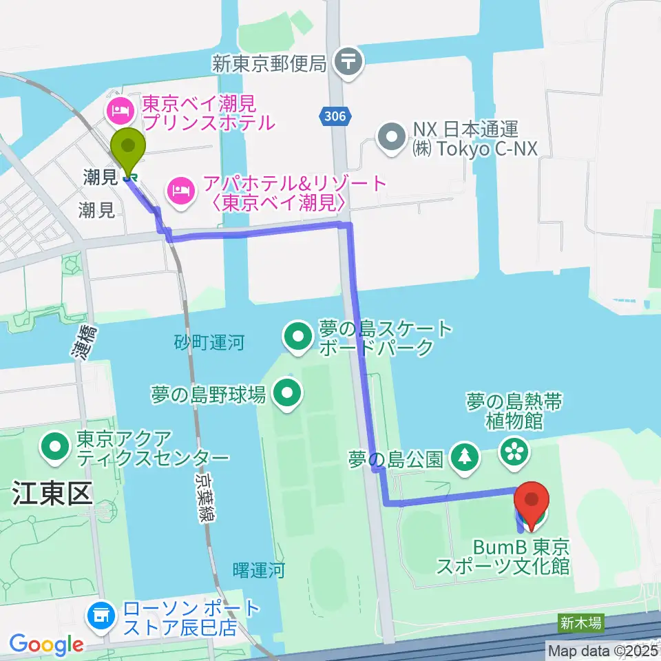 潮見駅から東京スポーツ文化館 ミュージックスタジオへのルートマップ地図