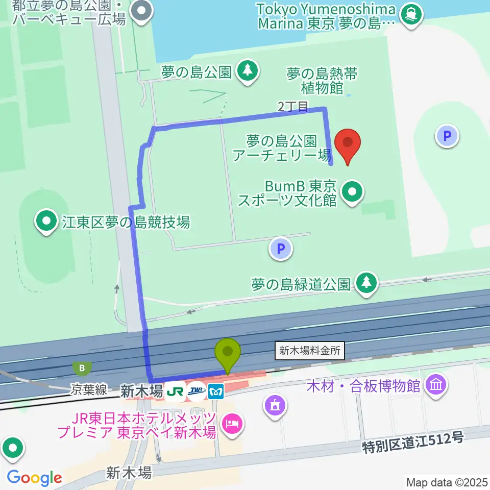 東京スポーツ文化館 ミュージックスタジオの最寄駅新木場駅からの徒歩ルート（約8分）地図