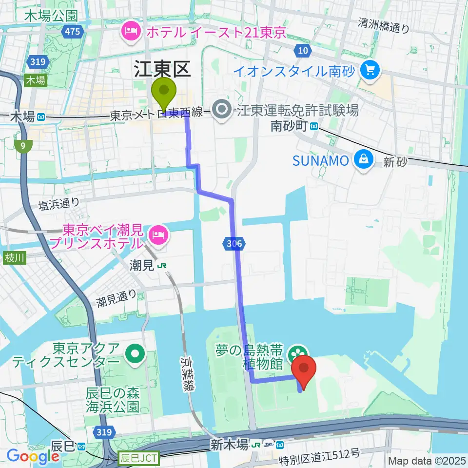 東陽町駅から東京スポーツ文化館 ミュージックスタジオへのルートマップ地図