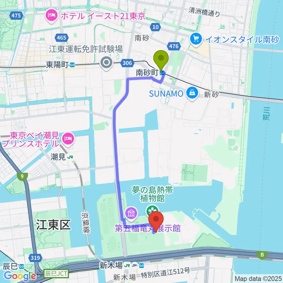 南砂町駅から東京スポーツ文化館 ミュージックスタジオへのルートマップ地図