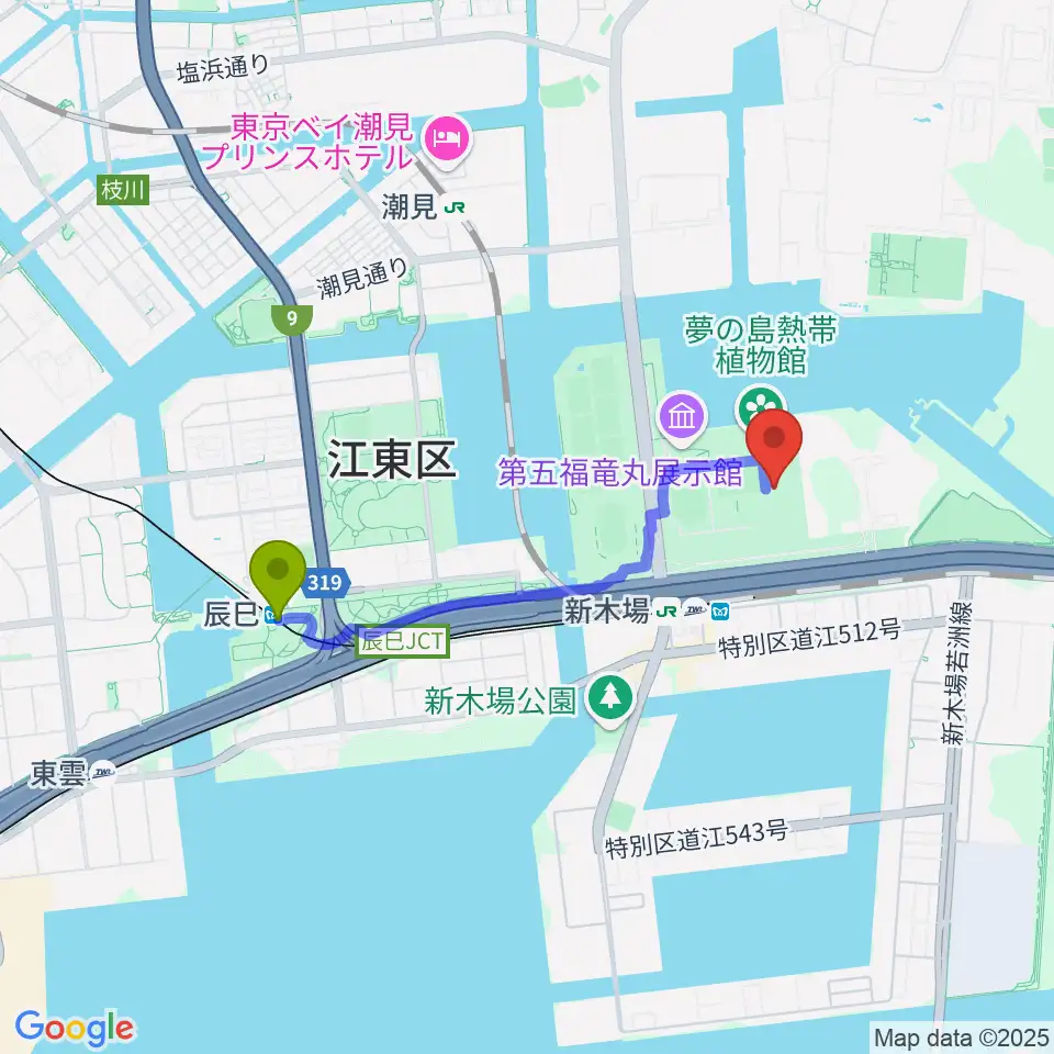 辰巳駅から東京スポーツ文化館 ミュージックスタジオへのルートマップ地図