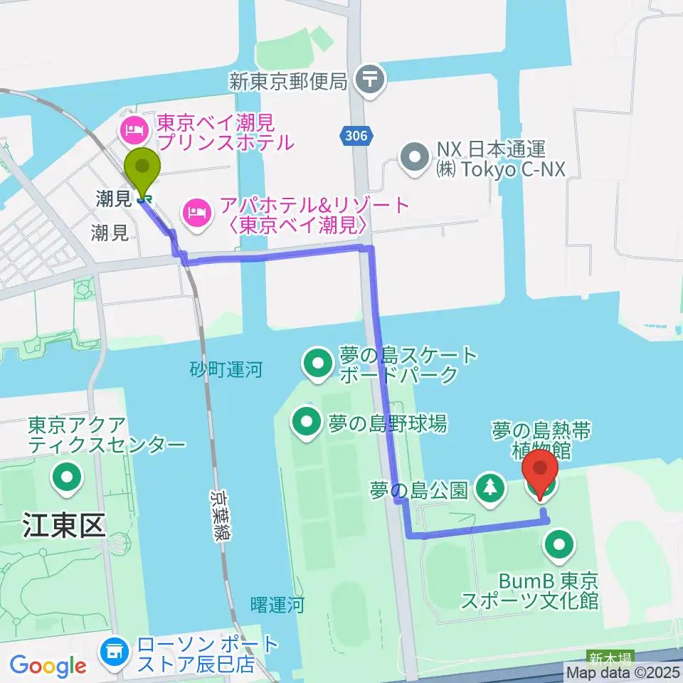 潮見駅から夢の島熱帯植物館へのルートマップ地図