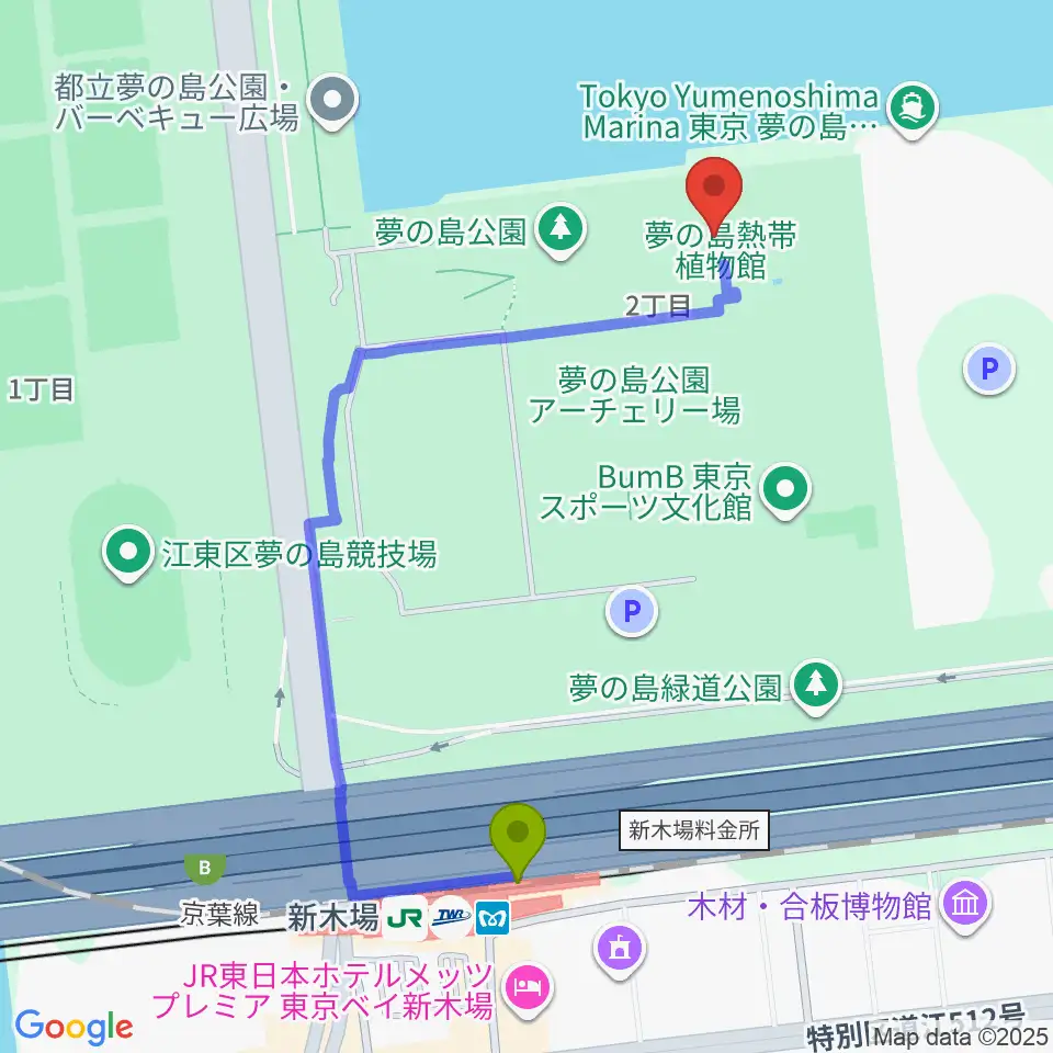 夢の島熱帯植物館の最寄駅新木場駅からの徒歩ルート（約10分）地図