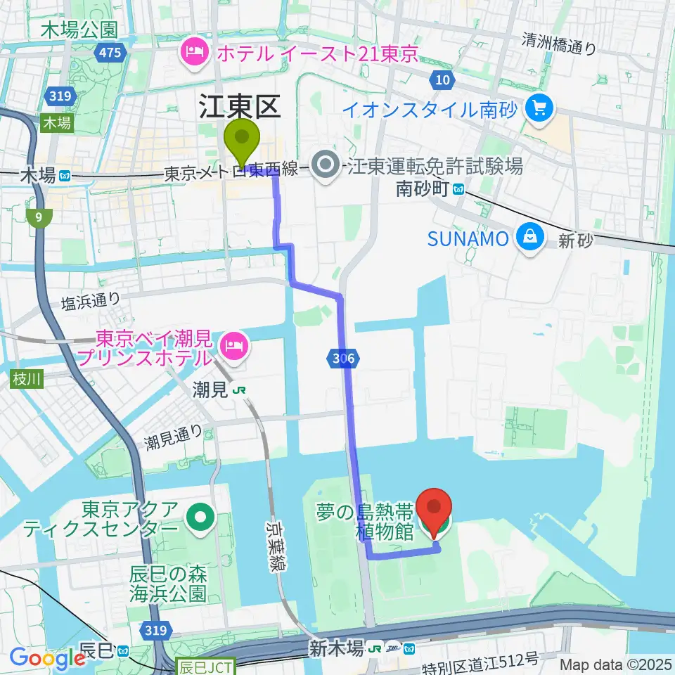 東陽町駅から夢の島熱帯植物館へのルートマップ地図