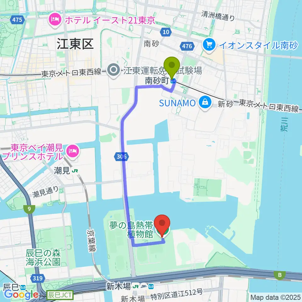 南砂町駅から夢の島熱帯植物館へのルートマップ地図