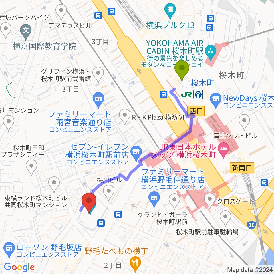横浜にぎわい座の最寄駅桜木町駅からの徒歩ルート（約5分）地図