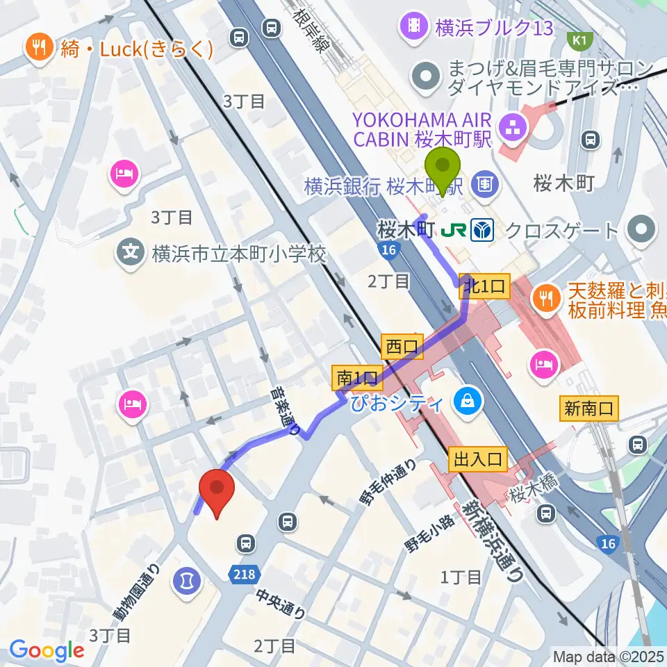 横浜にぎわい座の最寄駅桜木町駅からの徒歩ルート（約5分）地図