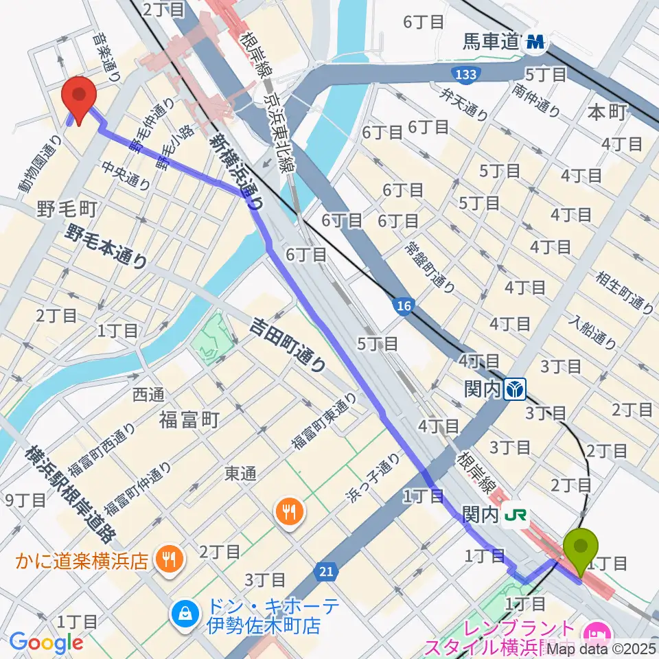関内駅から横浜にぎわい座へのルートマップ地図