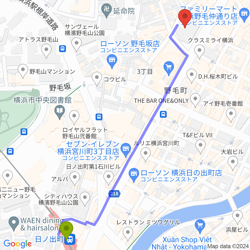 日ノ出町駅から横浜にぎわい座へのルートマップ地図