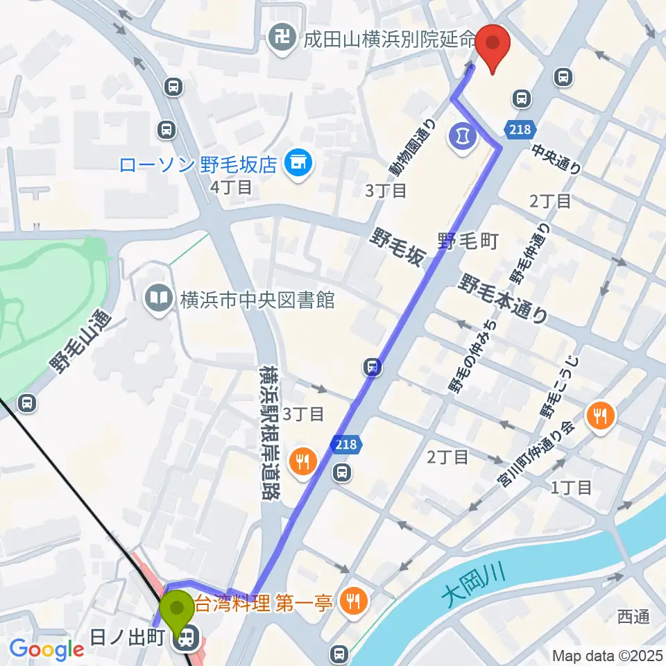 日ノ出町駅から横浜にぎわい座へのルートマップ地図