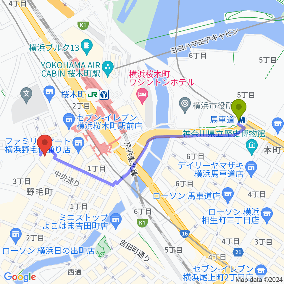 馬車道駅から横浜にぎわい座へのルートマップ地図