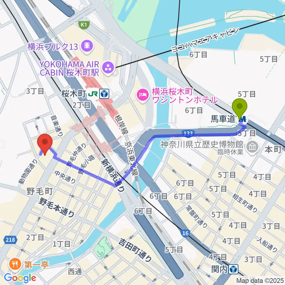 馬車道駅から横浜にぎわい座へのルートマップ地図