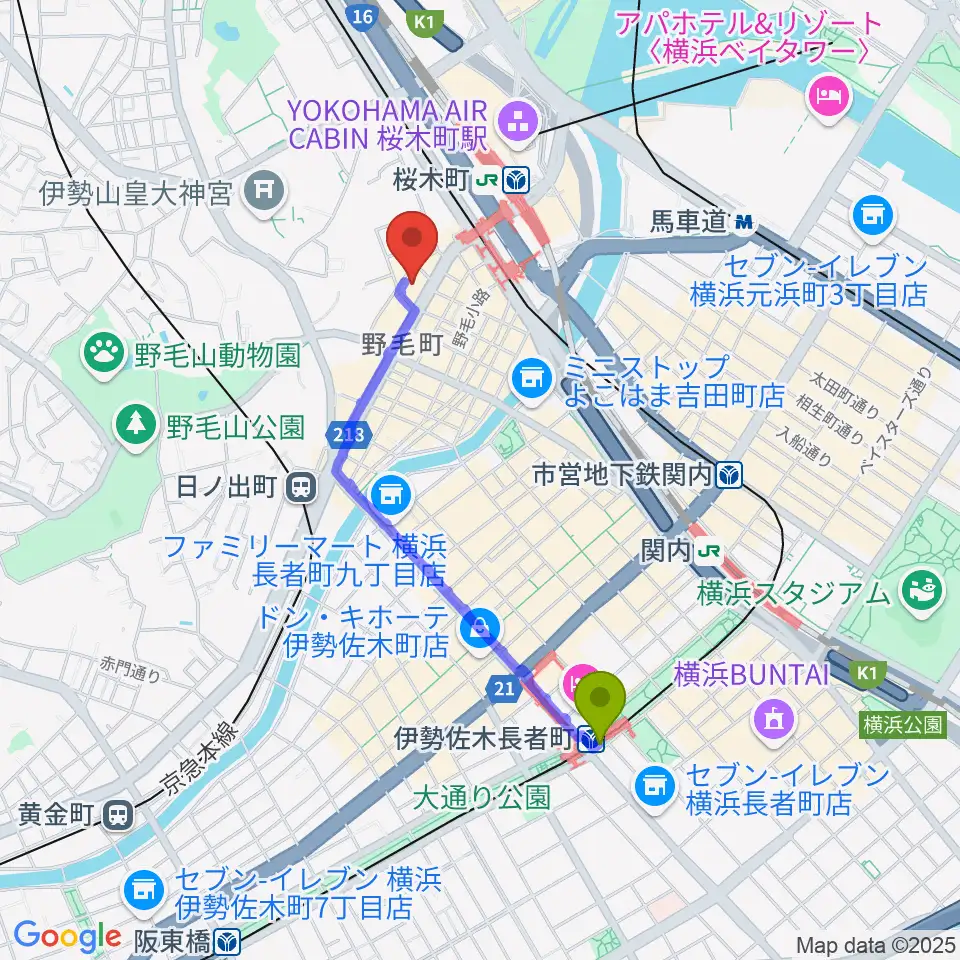 伊勢佐木長者町駅から横浜にぎわい座へのルートマップ地図
