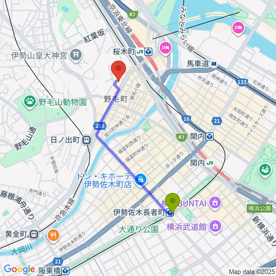 伊勢佐木長者町駅から横浜にぎわい座へのルートマップ地図