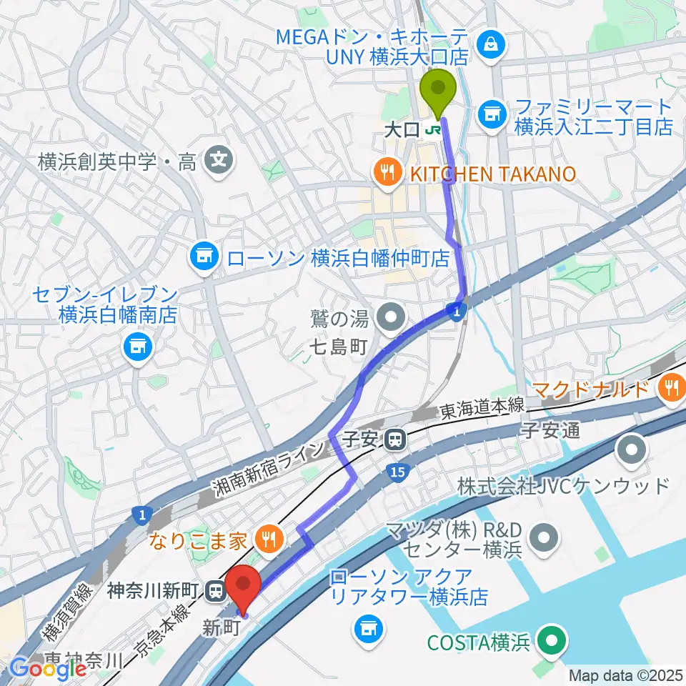 大口駅から横浜ベイサイドスタジオへのルートマップ地図
