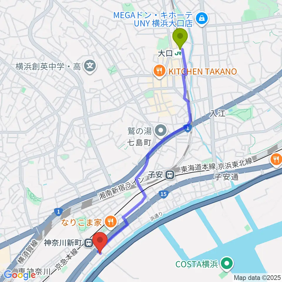 大口駅から横浜ベイサイドスタジオへのルートマップ地図