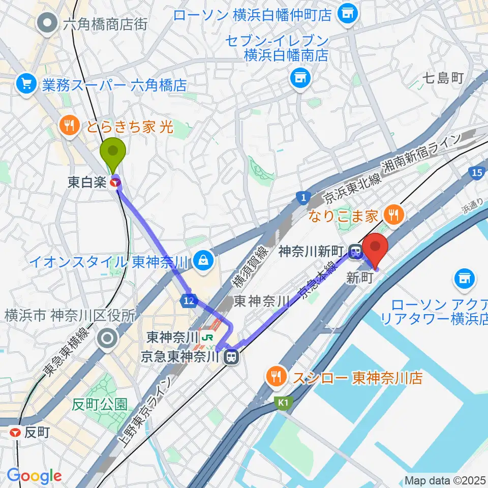 東白楽駅から横浜ベイサイドスタジオへのルートマップ地図