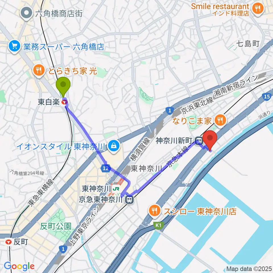 東白楽駅から横浜ベイサイドスタジオへのルートマップ地図