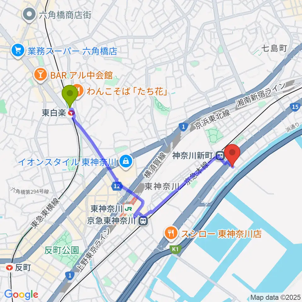 東白楽駅から横浜ベイサイドスタジオへのルートマップ地図