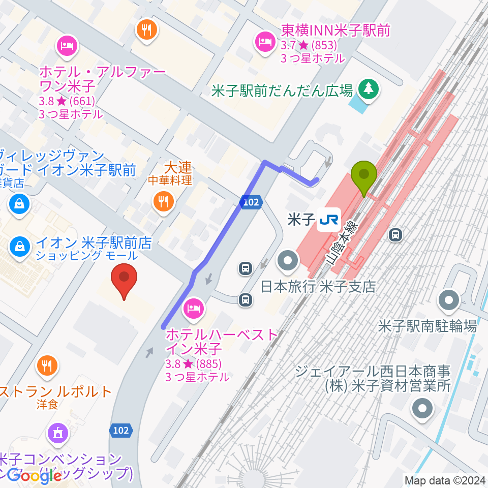 米子市文化ホール 練習室の最寄駅米子駅からの徒歩ルート（約4分）地図